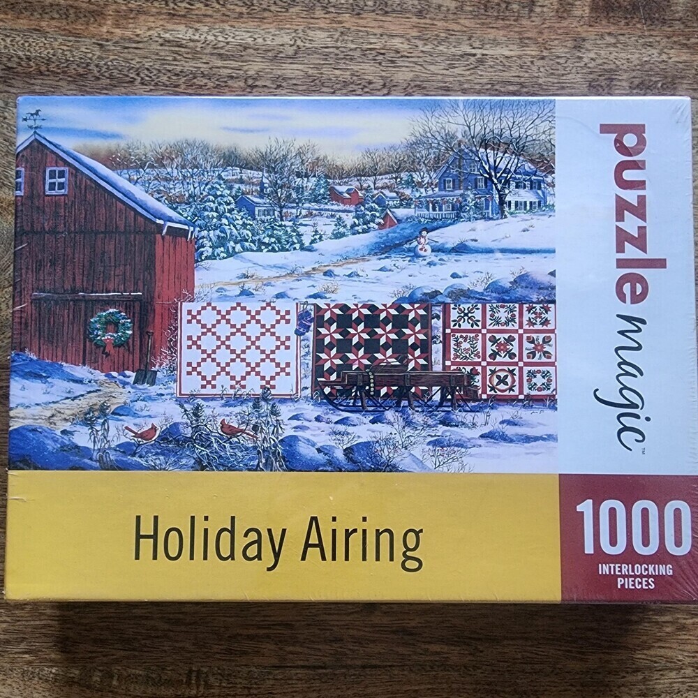 Puzzle Magic Holiday Airing 1000 Piece Jigsaw Puzzle Blue Winter Quilts Barn New